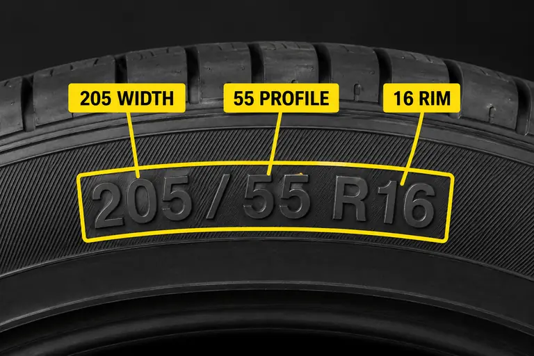 Tyre sidewall showing the tyre size 205/55 R16: 205 width, 55 profile and 16 inch rim